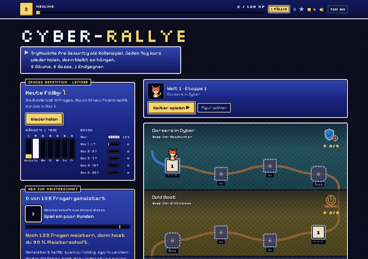 Cyber-Rallye: Weltkarte mit den Welten Careers in Cyber und Cold Boot, links das Panel „Heute fällig“ mit den Leitner-Boxen.